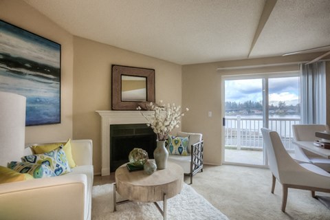 Living Room With Fireplace at Waterford Apartments, Washington, 98208